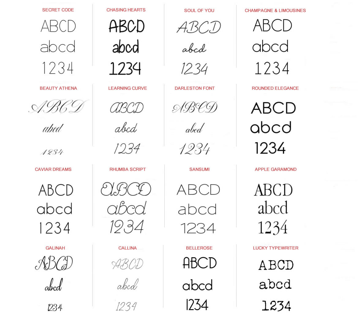 Examples of some of the engraving fonts which Samara James can offer.